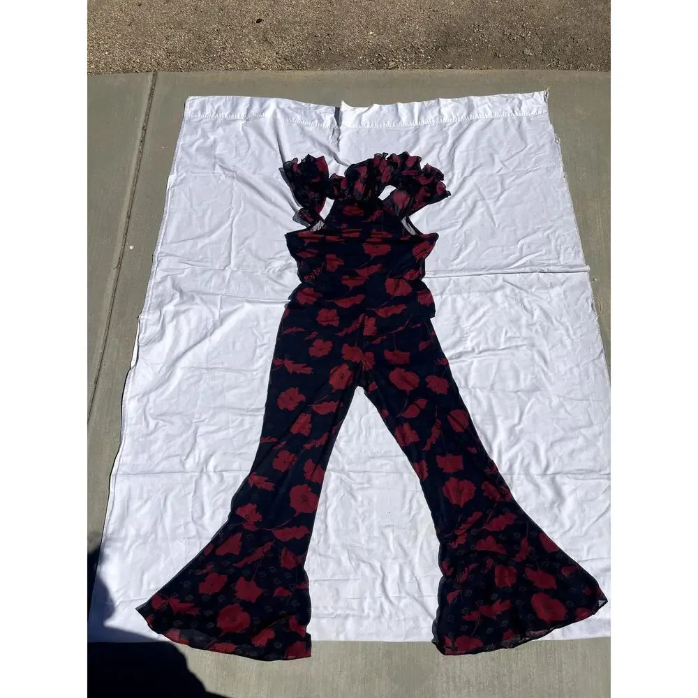Free People Austyn Red Floral Black Goth Boho Bell Bottom Ruffle Jumpsuit Med